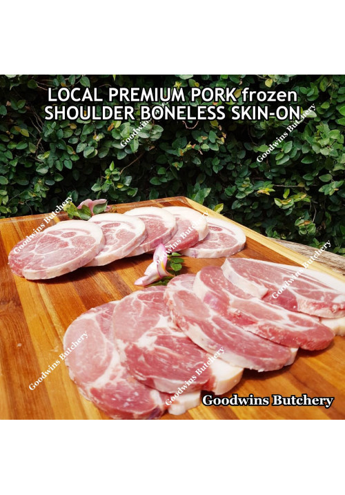 Pork Collar SHOULDER boneless SKIN ON frozen LOCAL PREMIUM steak 3/8" 1cm (price/600g 5-6pcs) Boston-Butt Kapsim